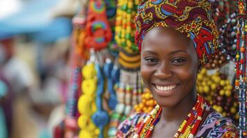 ai generiert ein jung afrikanisch Frau, mit ein strahlend Lächeln und ein bunt Kopftuch, ist Verkauf handgemacht Schmuck beim ein geschäftig Markt im Lagos, Nigeria foto