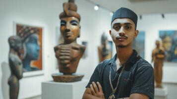 ai generiert ein jung Mann von das Mitte Ost, mit ein stolz Ausdruck und ein Stück von Skulptur, ist präsentieren seine Arbeit im ein Kunst Galerie im Dubai, VAE foto