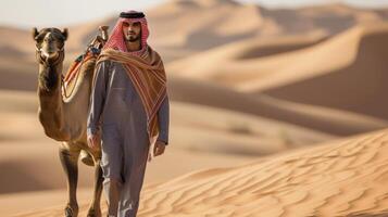 ai generiert ein jung Mann von das Mitte Ost, mit ein keffiyeh und ein Kamel, ist Kreuzung ein Wüste im Saudi Arabien foto