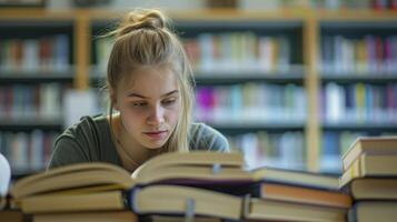 ai generiert ein jung skandinavisch Frau, mit ein aussehen von Konzentration und ein Stapel von Bücher, ist studieren zum ihr Prüfungen im ein Bibliothek im Stockholm, Schweden foto