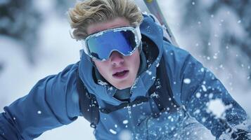 ai generiert ein jung skandinavisch Mann mit blond Haar und Blau Augen ist Skifahren Nieder ein Steigung im Norwegen foto