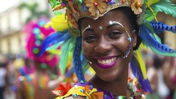 ai generiert ein jung Frau von das Karibik, mit ein froh Ausdruck und ein Karneval Kostüm, ist Tanzen im ein Parade im Havanna, Kuba foto