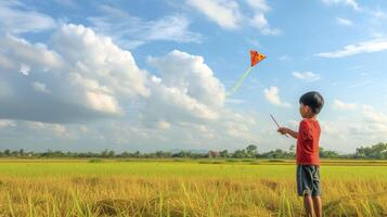 ai generiert ein jung Süd-Ost asiatisch Junge ist fliegend ein handgemacht Drachen im ein Reis Feld im Vietnam foto