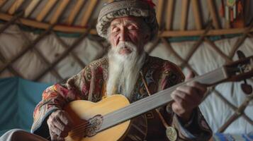 ai generiert ein Alten Mann von zentral Asien, mit ein traditionell Hut und ein lange Bart, ist spielen ein Dombra im ein Jurte im Kasachstan foto