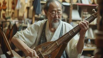 ai generiert ein Osten asiatisch Mann im seine 30er Jahre, mit Brille und ein Bart, ist spielen ein shamisen im ein Musik- Geschäft im Tokyo foto