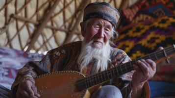 ai generiert ein Alten Mann von zentral Asien, mit ein traditionell Hut und ein lange Bart, ist spielen ein Dombra im ein Jurte im Kasachstan foto