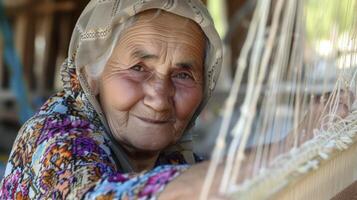 ai generiert ein Alten Frau von zentral Asien, mit ein Inhalt Ausdruck und ein Webstuhl, ist Weberei ein traditionell Teppich im ein Dorf im Usbekistan foto
