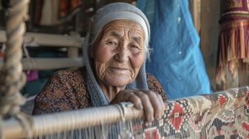 ai generiert ein Alten Frau von zentral Asien, mit ein Inhalt Ausdruck und ein Webstuhl, ist Weberei ein traditionell Teppich im ein Dorf im Usbekistan foto