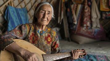 ai generiert ein Alten Frau von zentral Asien, mit ein Inhalt Ausdruck und ein traditionell Instrument, ist spielen Musik- im ein Jurte im Kirgisistan foto