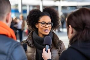 ai generiert Frau tragen Brille Sprechen zu ein Interviewer foto