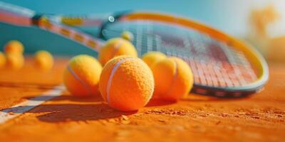 ai generiert Tennis Schläger und Tennis Bälle Lügen auf Orange Tennis Gericht. ai generiert foto