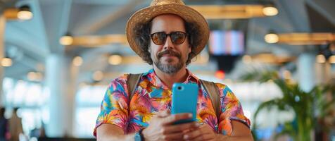 Mann im hell bequem Sommer- Kleider und Kopfhörer im das Flughafen mit Smartphone. foto