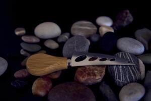 Fisch und Käse Messer mit ein hölzern Griff auf ein schwarz Hintergrund mit Meer Kieselsteine foto