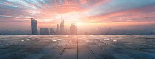 ai generiert leeren Platz Fußboden mit Stadt Horizont Hintergrund beim Sonnenuntergang. hoch Winkel Aussicht von leeren Beton Plattform und städtisch Landschaft mit Gebäude im das Distanz. breit Panorama- Banner foto