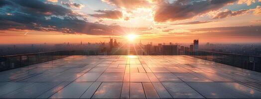 ai generiert leeren Platz Fußboden mit Stadt Horizont Hintergrund beim Sonnenuntergang. hoch Winkel Aussicht von leeren Beton Plattform und städtisch Landschaft mit Gebäude im das Distanz. breit Panorama- Banner foto