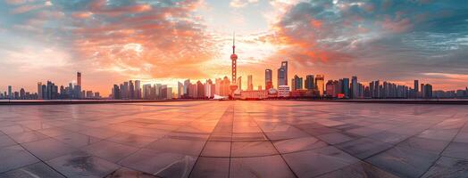 ai generiert leeren Platz Fußboden mit Stadt Horizont Hintergrund beim Sonnenuntergang. hoch Winkel Aussicht von leeren Beton Plattform und städtisch Landschaft mit Gebäude im das Distanz. breit Panorama- Banner foto