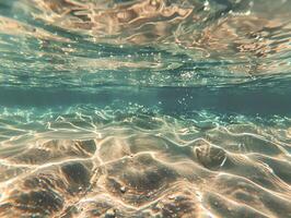 ai generiert ein schön unter Wasser Aussicht von das klar, Türkis Ozean mit ein sandig Unterseite und Strahlen von Sonnenlicht Filtern durch das Wasser. das Licht spiegelt aus das Ruhe Wasser foto