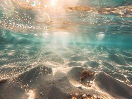 ai generiert ein schön unter Wasser Aussicht von das klar, Türkis Ozean mit ein sandig Unterseite und Strahlen von Sonnenlicht Filtern durch das Wasser. das Licht spiegelt aus das Ruhe Wasser foto