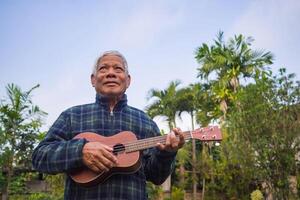 Porträt von ein Senior Mann spielen Ukulele und suchen oben während Stehen im das Garten. Raum zum Text Konzept von alt Menschen und Gesundheitswesen foto