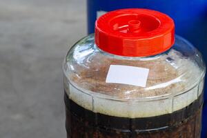 Nahansicht von Kunst Bier und Schaum im ein Fermentation Container. Prozess von Herstellung Zuhause Bier von Malz. Kunst Bier von Gerste und dunkel Malz foto