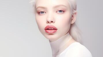 Porträt von schön Albino Teen Mädchen mit naiv Gesichts- Ausdruck und rundlich Lippen. natürlich Schönheit mit glühend gesund Haut. Werbung von Kosmetika, Parfums foto