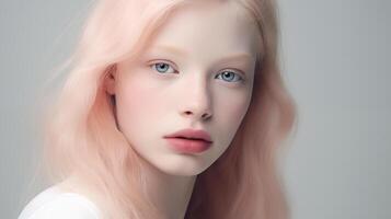 Porträt von schön Albino Teen Mädchen mit naiv Gesichts- Ausdruck und rundlich Lippen. natürlich Schönheit mit glühend gesund Haut. Werbung von Kosmetika, Parfums foto