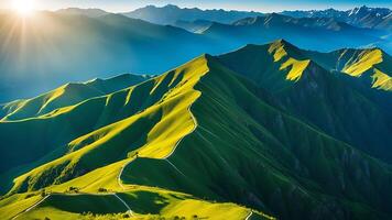 ai generiert das Sonne scheint Über ein Berg Angebot mit Grün Gras foto