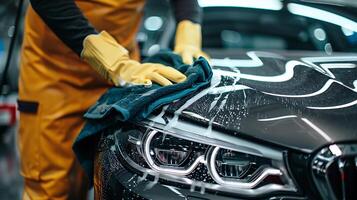 Auto waschen. Nahansicht von ein Mann im Gelb Handschuhe Reinigung ein Auto mit Mikrofaser Tuch. foto