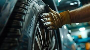 Nahansicht von ein des Mannes Hand im ein Handschuh ist Reinigung ein Auto Rad im ein Auto Service. foto