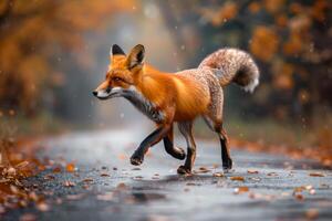 ai generiert rot Fuchs traben auf nass Herbst Straße foto