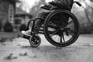 ai generiert jung Person im Rollstuhl auf ein Vorort- Straße foto