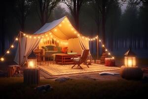 ai generiert Umarmung das Gelassenheit ein gemütlich Camping Erfahrung mit Sanft glühen und der Natur Ruhe. erstellt mit generativ ai foto