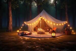 ai generiert Umarmung das Gelassenheit ein gemütlich Camping Erfahrung mit Sanft glühen und der Natur Ruhe. erstellt mit generativ ai foto