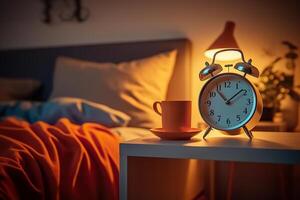 ai generiert heiter Schlafzimmer Rahmen mit Alarm Uhr erinnern von das Start von ein Neu Tag. erstellt mit generativ ai foto