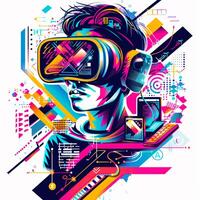 ein jung Mann im ein vr Headset. abstrakt Bild. Illustration foto