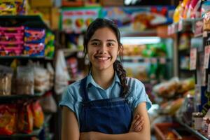 ein klein Verkauf Arbeiter lächelnd verschwommen Gang Hintergrund foto