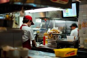 schnell Essen Restaurant Arbeiter beim ein kommerziell Küche foto