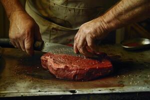 ein Metzger Trimmen ein Fett von ein Lende von Steak foto