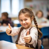 ai generiert ein Brünette Schule Mädchen geben das Daumen oben im ein Klassenzimmer foto