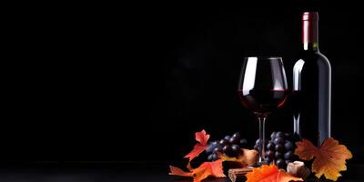 ai generiert rot Wein mit Glas und Trauben mit Herbst Blätter auf dunkel Hintergrund, Herbst saisonal Dekor. generativ ai foto