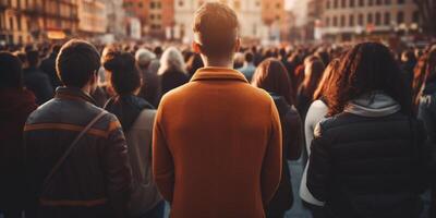 ai generiert Menge von Menschen Gehen zusammen. politisch Demonstration im städtisch Einstellung. Sozial Leben. generativ ai foto