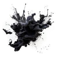 ai generiert dynamisch schwarz Tinte Spritzen auf Weiß Hintergrund. schwarz Flüssigkeit Explosion. abstrakt Tinte Spritzer Kunst im Bewegung. generativ ai foto