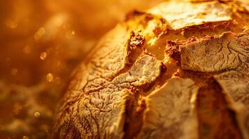 ai generiert schließen oben von ein golden beleuchtet Laib von brot, Ideal zum Essen Blogs, Bäckerei Anzeige, und Sozial Medien Beiträge Über Backen. foto