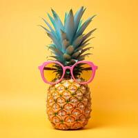 ai generiert komisch Ananas tragen Brille auf ein Gelb Hintergrund. 3d Rendern foto