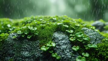 ai generiert Grün Moos auf Felsen mit Regen Tropfen im das Garten. Natur Hintergrund foto