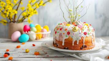 ai generiert Ostern Kuchen mit Rosinen und farbig Eier auf ein Licht Hintergrund foto