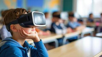 ai generiert Junge tragen virtuell Wirklichkeit Brille im Klassenzimmer. Bildung und Technologie Konzept. foto