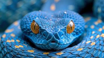 ai generiert schließen oben von das Kopf von ein Blau Viper mit ein Blau Muster. foto