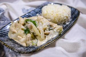 Hähnchen Stroganoff Butter Reis serviert im Gericht isoliert auf Essen Tabelle oben Aussicht von Mitte Osten Gewürze foto