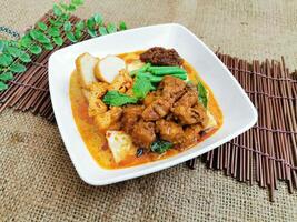 Curry Hähnchen Reis Nudel rollen serviert Gericht isoliert auf Tabelle oben Aussicht von thailändisch Essen foto